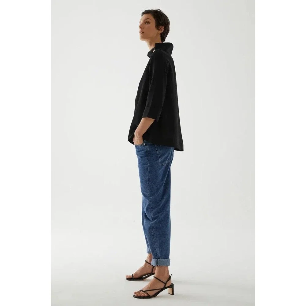 COS Funnel Neck Top S Black Minimalist Boxy Oversized 3/4 Sleeve Quiet Luxury